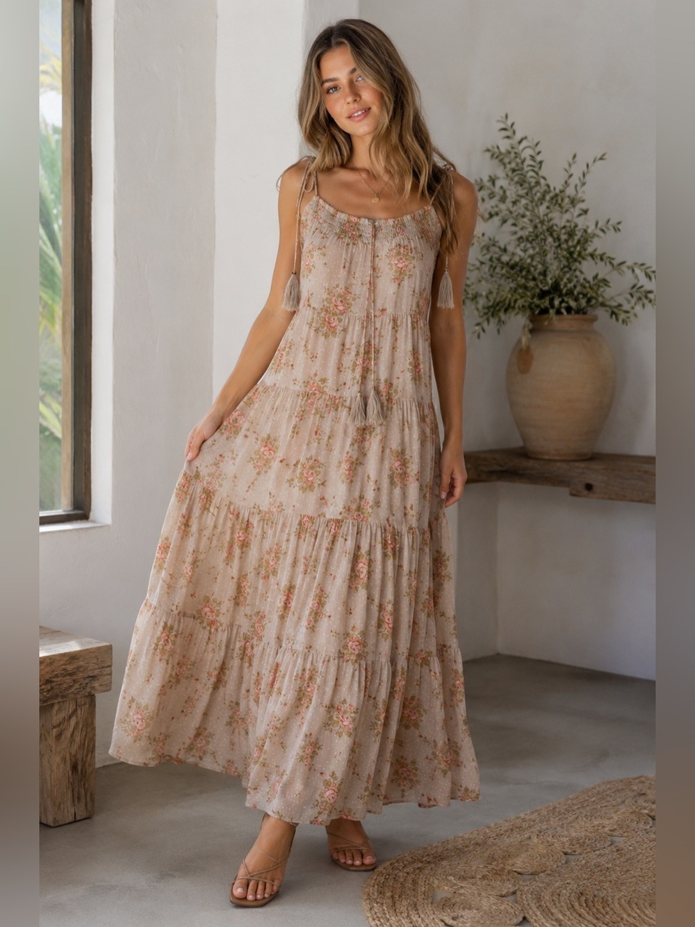 Storia Floral Tiered Maxi Dress Small Boho Tassel Tie Cottagecore Prairie